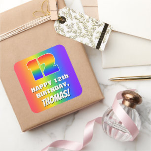 12:e födelsedag: färgfull, Roligt Rainbow Mönster Fyrkantigt Klistermärke