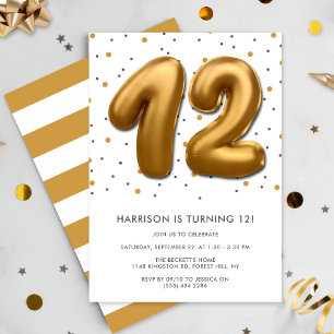 12:e födelsedag i modern guldfoil Balloon Inbjudningar