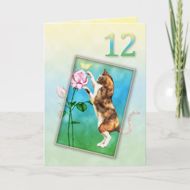 12:e födelsedag med lekfull katt kort (Framsida)