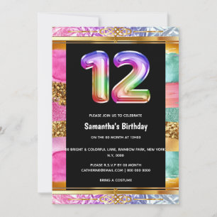 12:e födelsedag regnbåge glitter färgad party inbjudningar