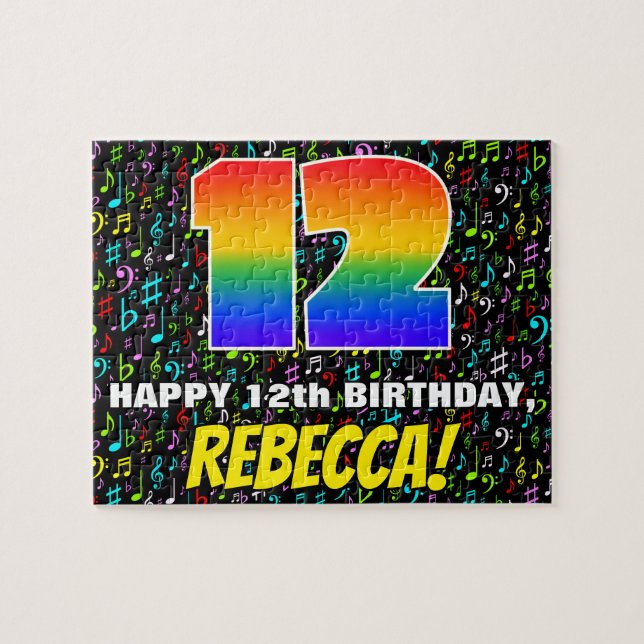 12:e födelsedag - Roligt, färgstarka musiksymboler Pussel (Horisontell)