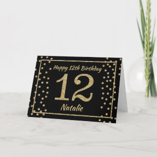 12:e födelsedag, svart och Guld Glitter-konfetti-k Kort