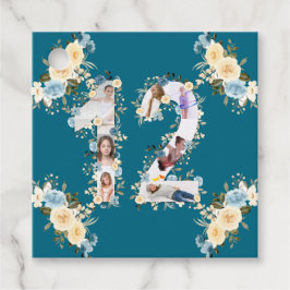 12:e födelsedag Teal Flower Photo Collage Gult Gåvor Etiketter