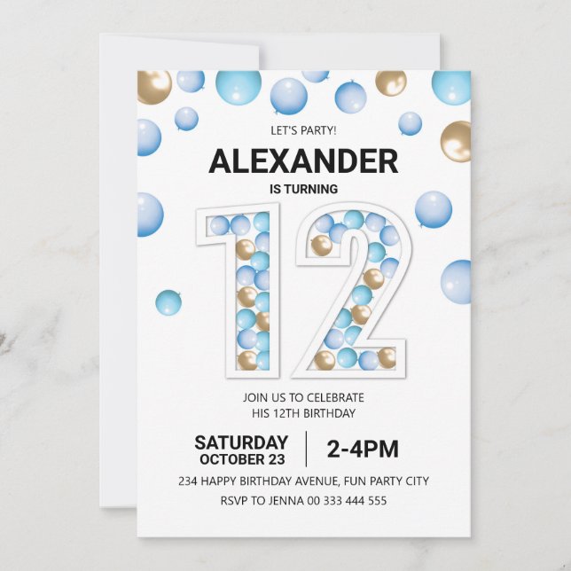 12:e, Födelsedagsfest, Blue och Guld Balloon Boy Inbjudningar (Framsida)
