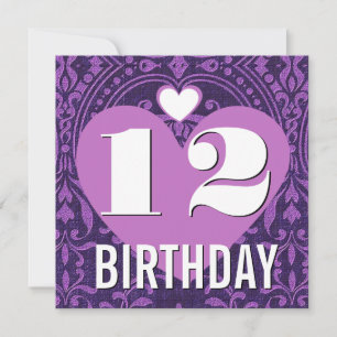 12:e Födelsedagsfest Hearts Lila Damask V20 Inbjudningar