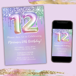 12:e Födelsedagsfest inbjudan Lila Rosa Glitter