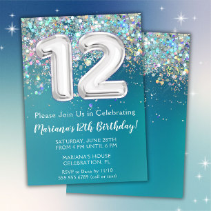 12:e-födelsedagsinbjudan Teal Silver Glitter Inbjudningar