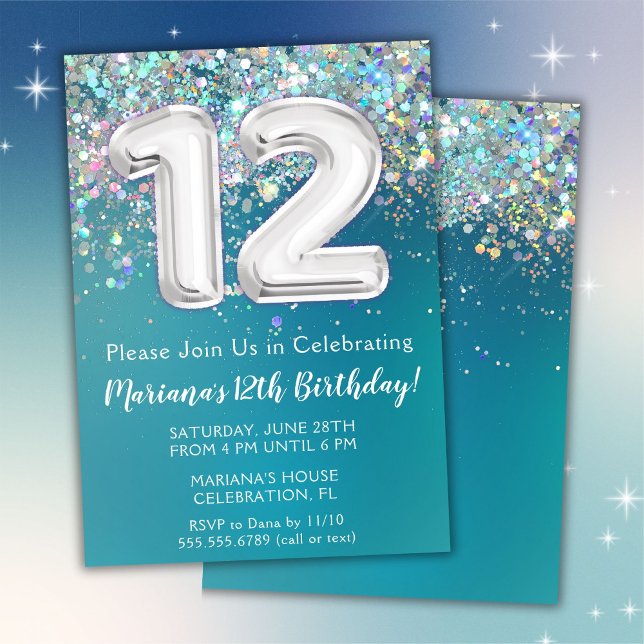 12:e-födelsedagsinbjudan Teal Silver Glitter Inbjudningar (Skapare uppladdad)