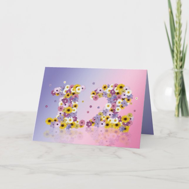12:e födelsedagskort med blomstrande brev kort (Framsida)