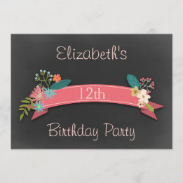 12:e Rosa Banner Flowers Chalkboard Inbjudningar