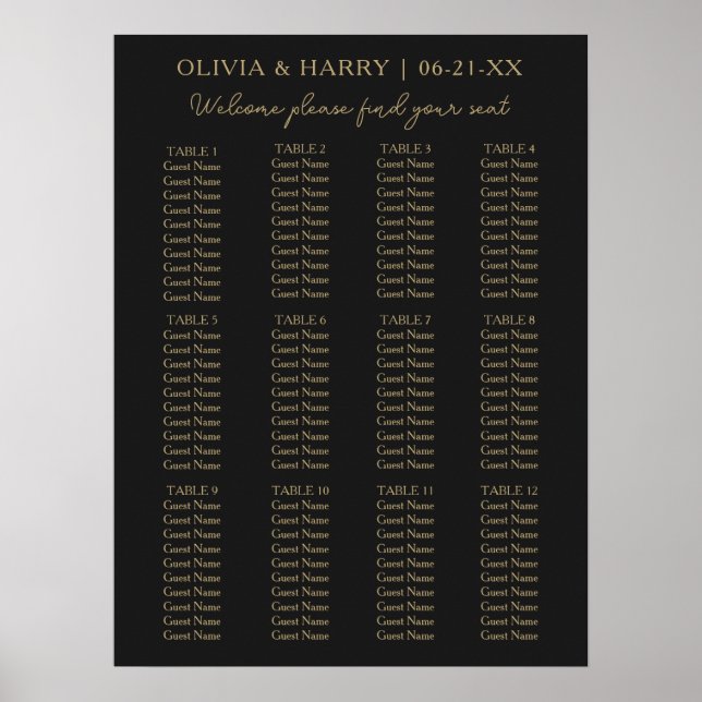 12 enkelt minimalistiskt sittdiagram för Bröllop m Poster (Framsidan)