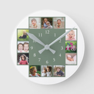 12 familjefoto Collage Skapa din egen grön Rund Klocka