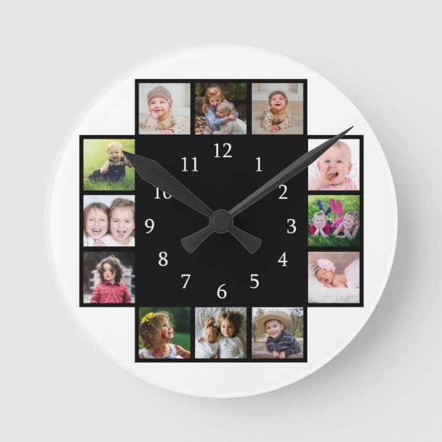 12-familjens fotokollage Skapar ditt eget svarta Rund Klocka (Framsida)