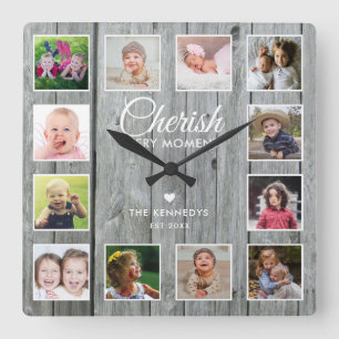12 Family Photo Collage Cherish Quote Grått Wood Fyrkantig Klocka