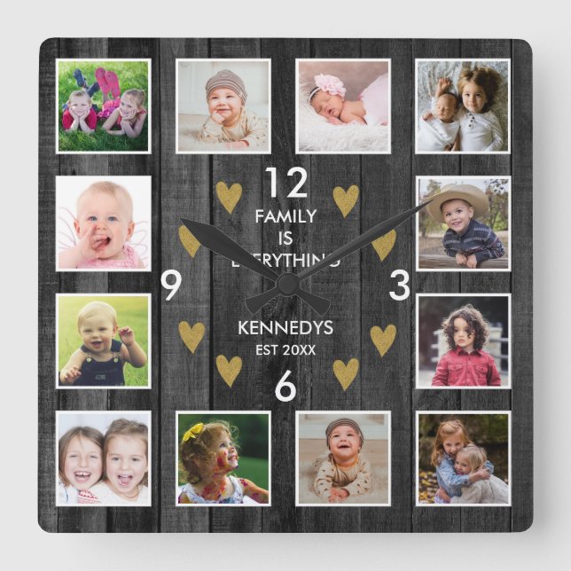 12 Family Photo Collage Pallet Wood Black Guld Fyrkantig Klocka (Framsida)