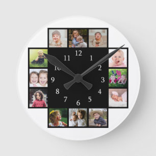 12 Family Photo Collage Skapar ditt eget svarta Rund Klocka