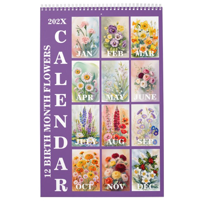 12 födelsemånad blommor 2026 väggkalender kalender (Omslag)