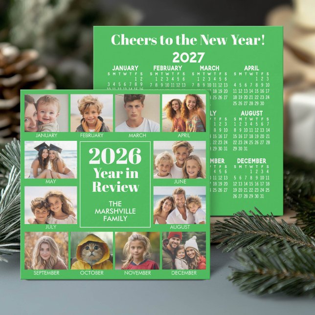 12 Foto Årsöversikt - 2026 Grön Julkort (Holiday Card - Year in Review with 2027 Calendar)
