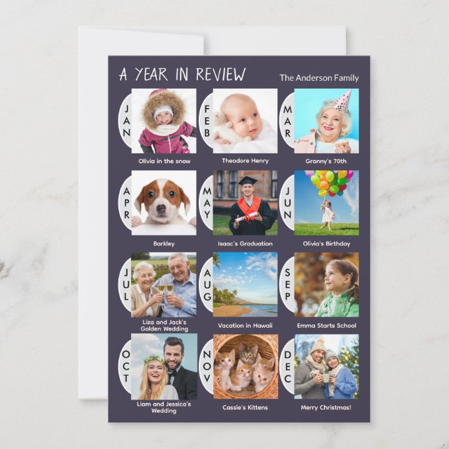 12-Foto Årsöversyn Personlig Mörkblå Julkort (Framsida)