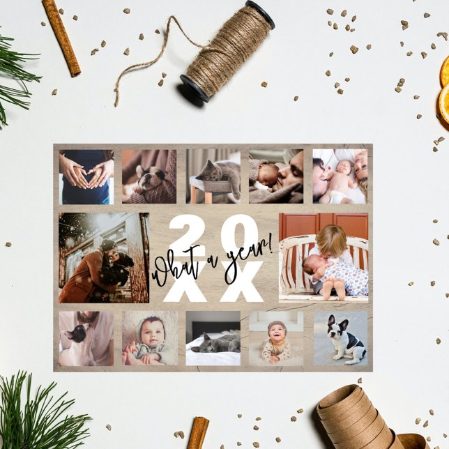 12 Foto Collage Årsöversikt Rustik Tallträ Julkort (Skapare uppladdad)