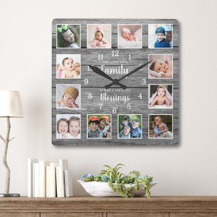12 Foto Collage Familjeblessningar Citat Grå Trä Fyrkantig Klocka