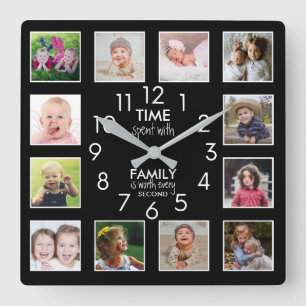 12 Foto Collage Tid Med Familj Citat Svart Fyrkantig Klocka
