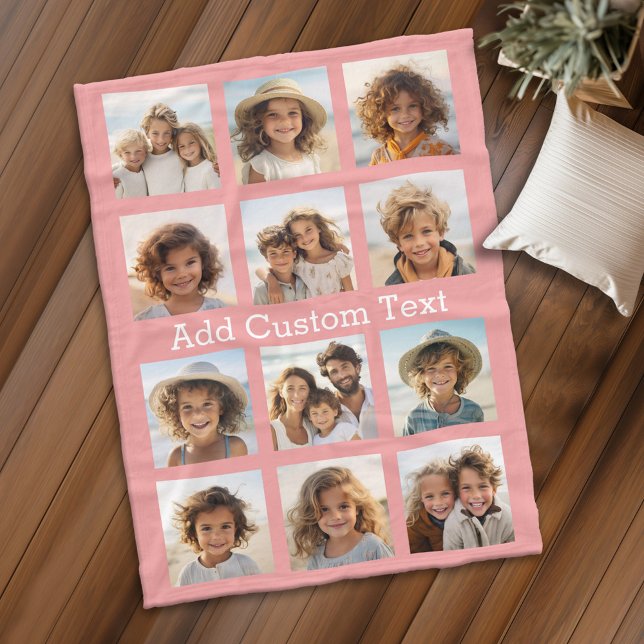 12 Foto Instagram Kolla med persikofärgad bakgrund Fleecefilt (Personalized fleece blanket with 12 photos and custom text - Makes a great Gift)