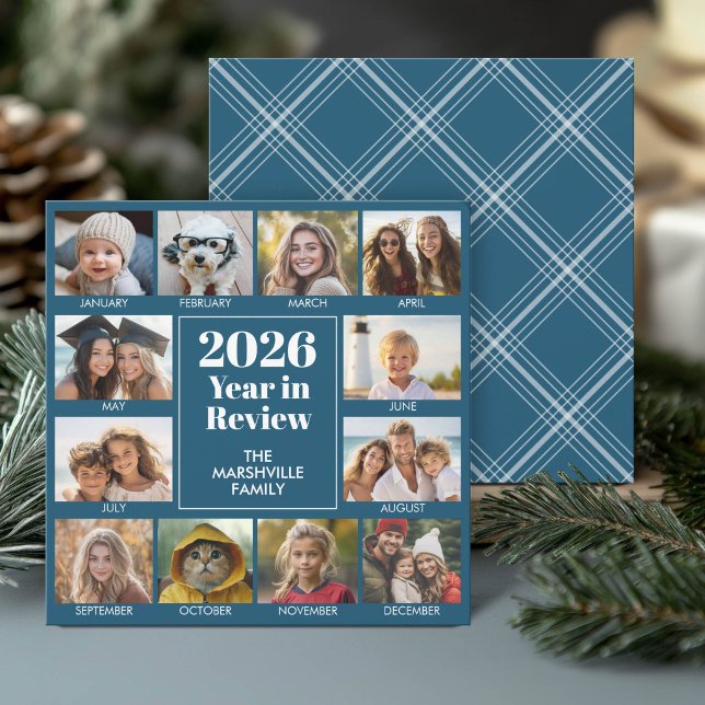 12 Fotoårsöversikt - 2026 Blå Julkort (Holiday Card - Year in Review)