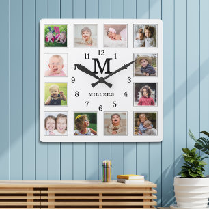 12 Fotocollage Familjenamn Monogram Svart Vitt Fyrkantig Klocka