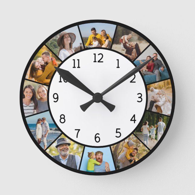 12 Fotocollage Svart & Vitt Familj & Vänner Rund Klocka (Framsida)