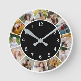 12 Fotocollage Svart & Vitt Familj & Vänner Rund Klocka