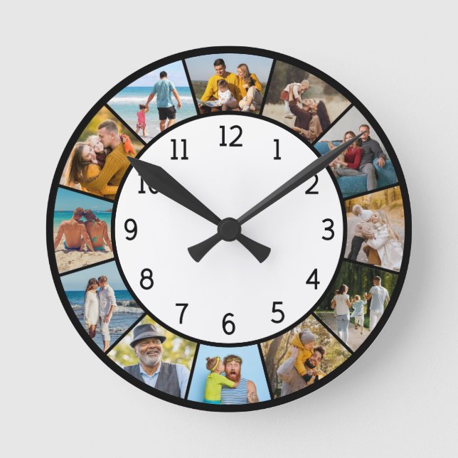 12 Fotocollage Svart & Vitt Familj & Vänner Rund Klocka (Framsida)