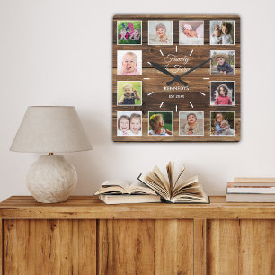 12 Fotofamiljen är för Rustic Wood Fyrkantig Klocka