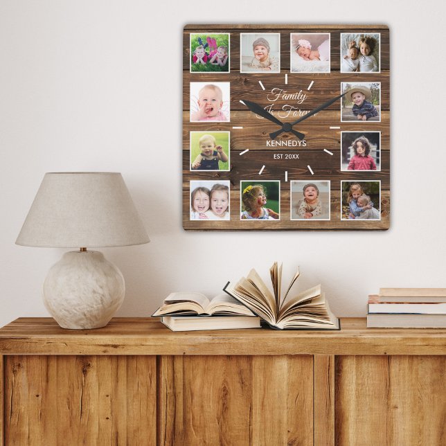 12 Fotofamiljen är för Rustic Wood Fyrkantig Klocka (12 Photo Collage Family Is Forever Rustic Wood Square Wall Clock)