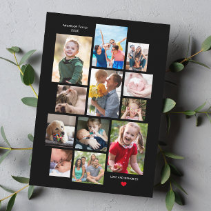 12 Fotofamiljens minneskollage med hjärta på svart Julkort
