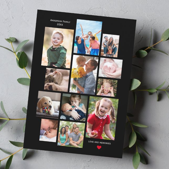 12 Fotofamiljens minneskollage med hjärta på svart Julkort (Skapare uppladdad)