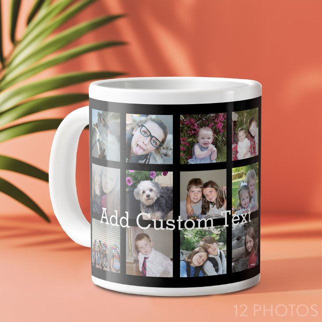 12 Fotoinstagram-kollage med svart bakgrund Jumbo Mugg (12 photo personalized coffee mug)