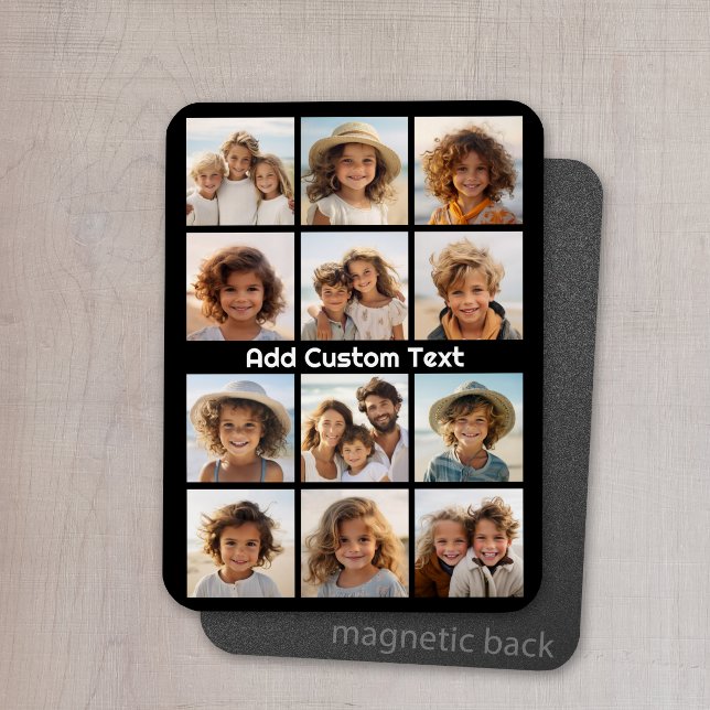 12 Fotoinstagram-kollage med svart bakgrund Magnet (Personalized refrigerator magnet with photo collage and custom text - add 12 photos to this design)