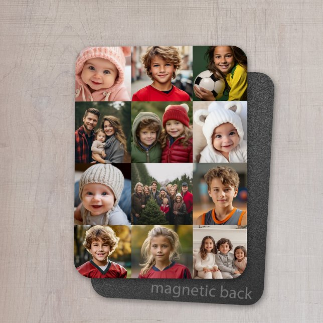 12 Fotokollage - Beskär endast foton fyrkantigt Magnet (Personalized refrigerator magnet with photo collage and custom text - add 12 photos to this design)