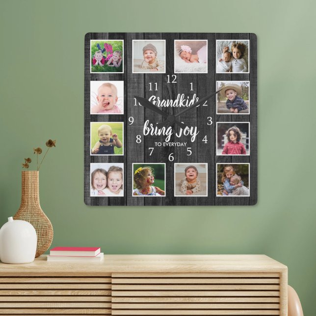 12 Fotokollage Black Wood Barnbarn Quote Fyrkantig Klocka (Skapare uppladdad)