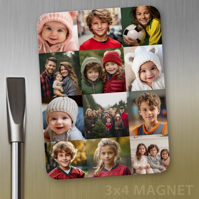 12 Fotokollage - Endast kvadratiskt beskurna foton Magnet (Personalized refrigerator magnet with photo collage and custom text - add 12 photos to this design)