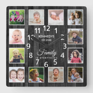 12 Fotokollage-familjen Namn Quote Black Wood Fyrkantig Klocka