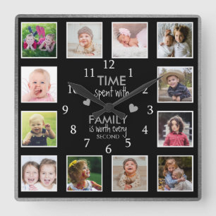 12 Fotokollage-familjens tidsoffert Black Silver Fyrkantig Klocka