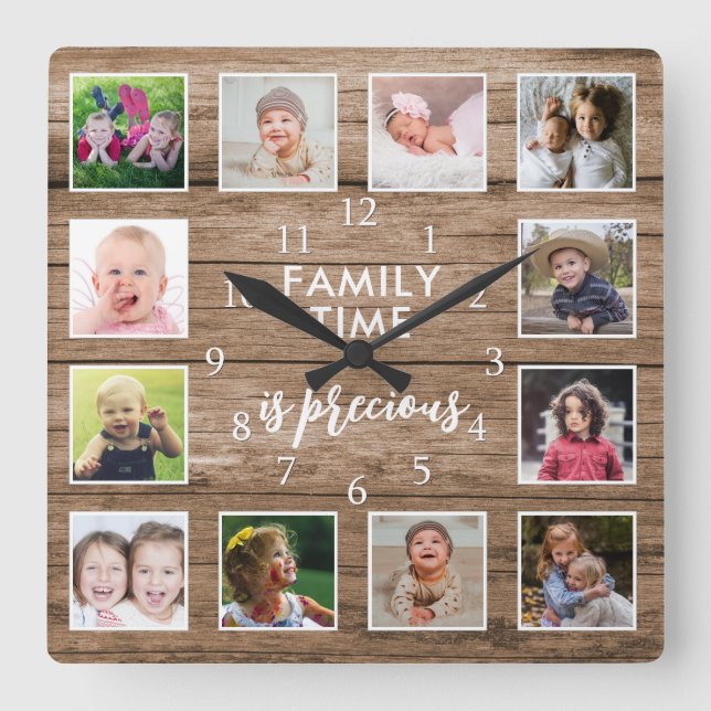 12 Fotokollage-familjens tidsoffert Rustic Wood Fyrkantig Klocka (Framsida)