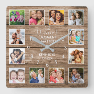 12 Fotokollage Family Namn Moment Reclated Wood Fyrkantig Klocka