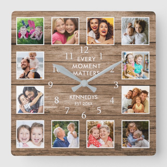 12 Fotokollage Family Namn Moment Reclated Wood Fyrkantig Klocka (Framsida)