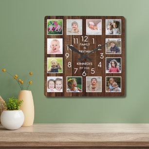 12 Fotokollage Family Namn Personlig Wood Fyrkantig Klocka