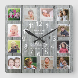 12 Fotokollage Family Namn Quote Grått Wood Fyrkantig Klocka