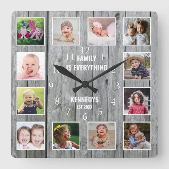 12 Fotokollage Family Namn Rustic Grått Wood Fyrkantig Klocka (Framsida)