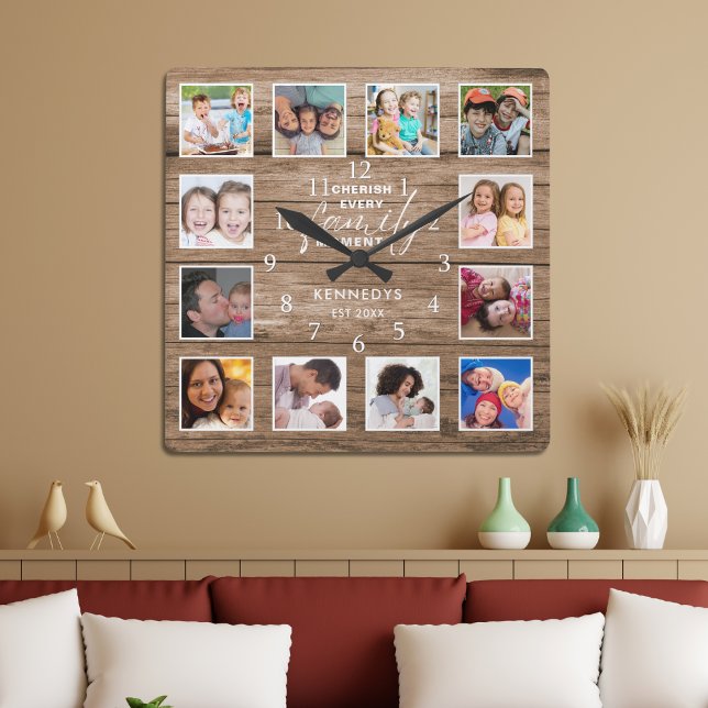 12 Fotokollage Family Quote Reclated Wood Fyrkantig Klocka (12 Photo Collage Family Quote Reclaimed Wood Square Wall Clock)